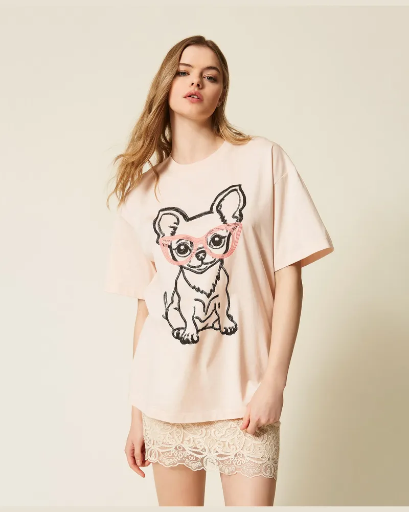 Actitude by Twinset T-Shirts - MYFO Oversized-T-Shirt mit Print und Stickerei, Blush Chihuahua, Baumwolle, Größe Blush