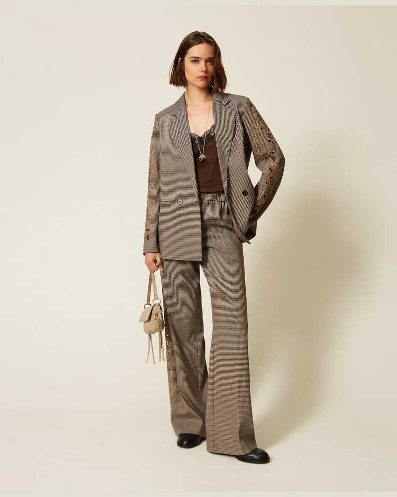 Twin-Set Palazzohose mit Hahnentrittmuster und Stickdetail Hahnentrittmuster