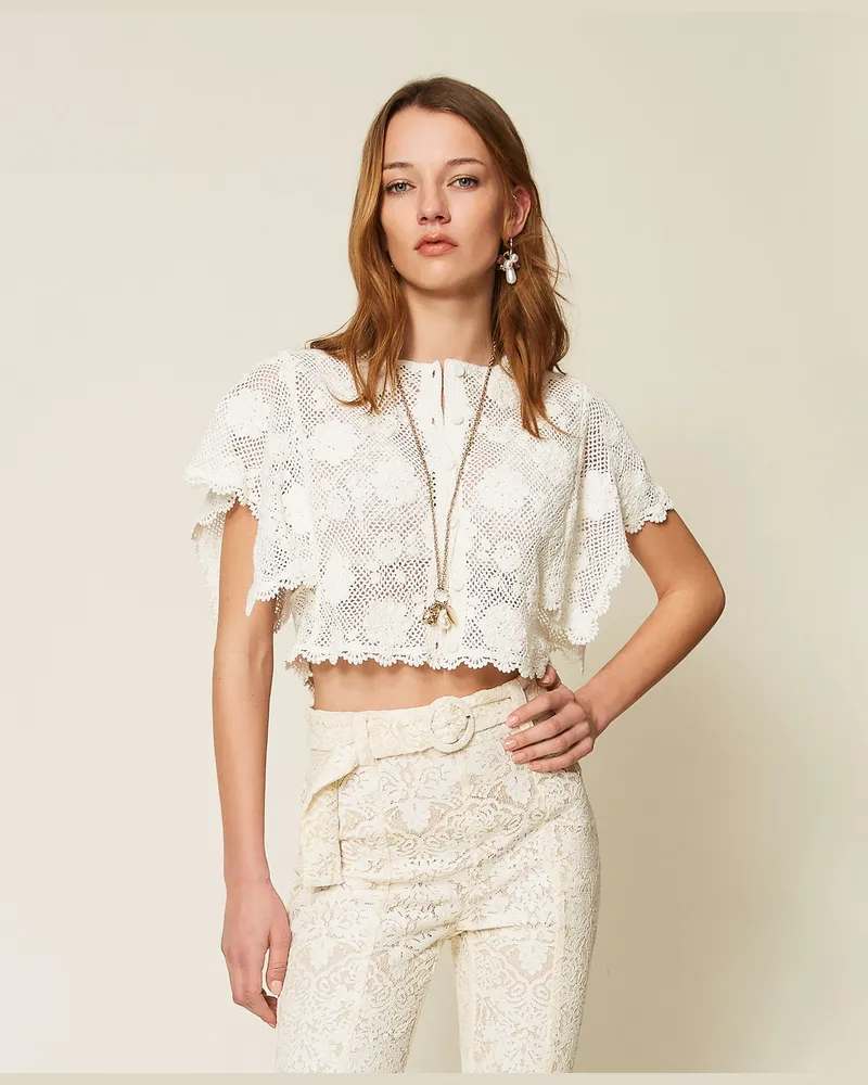 Twin-Set Jacken und Outerwear - Hemdbluse aus Strick mit floralem Motiv, Weiß Schnee, Mit Blumen, Größe Weiß