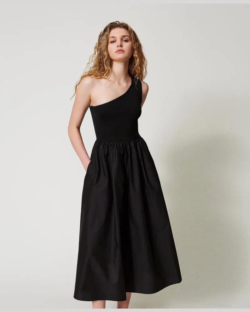 Twin-Set Kleider - Maxikleid aus Gestrick und Popeline, Schwarz, Baumwolle, Größe Schwarz