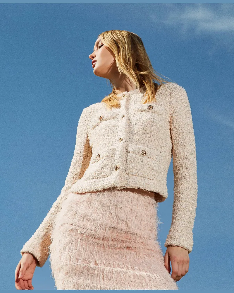 Twin-Set Jacken und Outerwear - Jacke aus Boucléstrick mit „Oval T"-Knöpfen, Jacquard Bouclé Cupcake Pink, Paillettes, Größe Jacquard