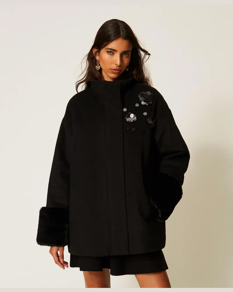 Twin-Set Mantel aus Tuch mit Kunstpelz und Stickerei, Damen, Schwarz Schwarz