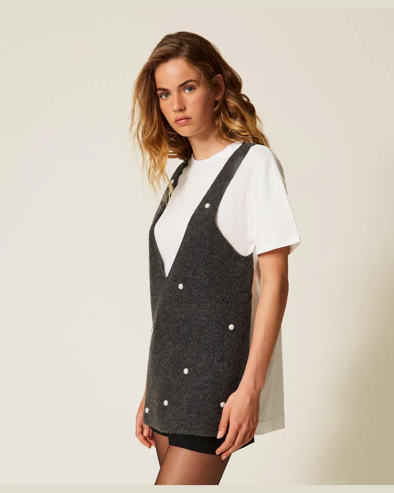 Actitude by Twinset T-Shirts - T-Shirt aus Gestrick mit Perlen, Durchschnittgrau-Mélange, Größe: XS 
