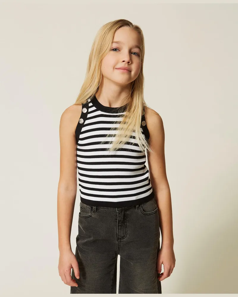 Twin-Set Tops - Stricktop mit Knöpfen, Streifen zweifarbig Schwarz / Off White, Größe: 8A 
