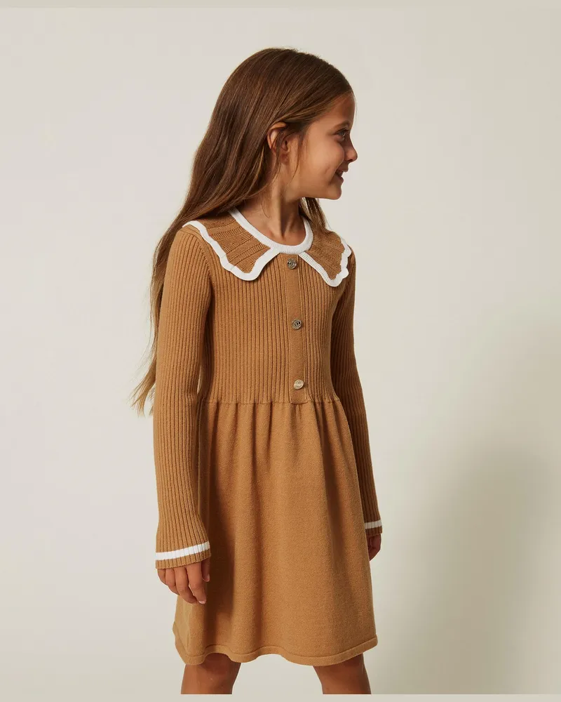 Twin-Set Kurzes Baby-Strickkleid mit Kragen, Damen, Zweifarbig "Iced Coffee"-Braun / "Schneeweiß Zweifarbig