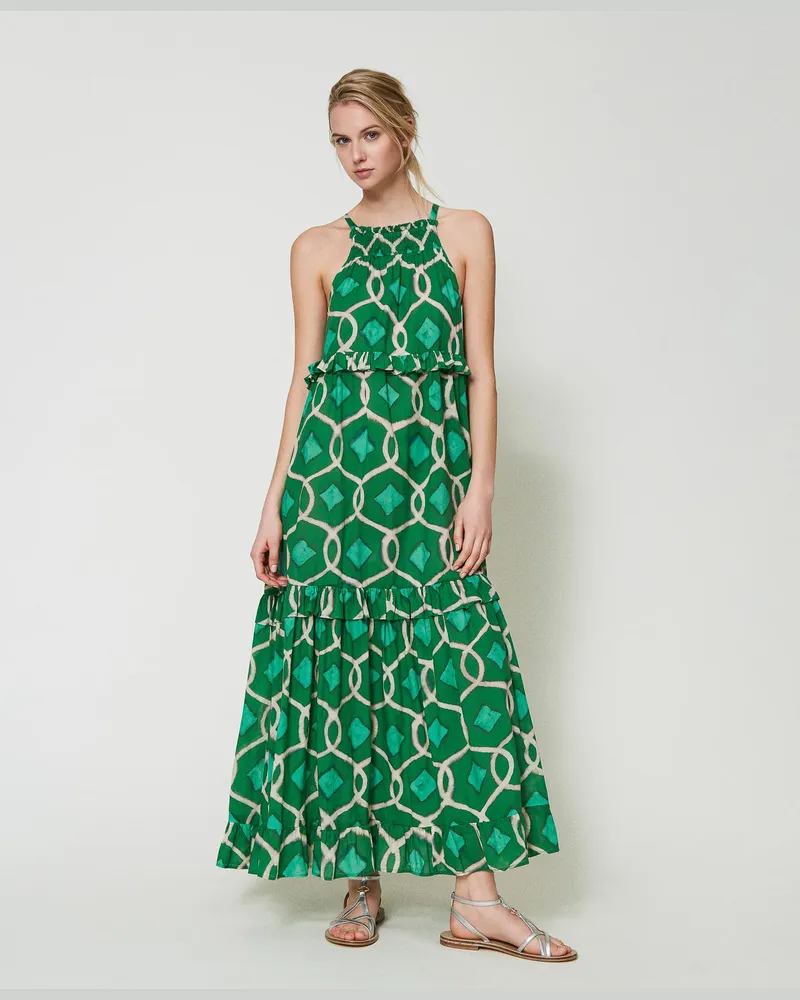 Actitude by Twinset Kleider - Maxikleid aus bedrucktem Musselin, Print Fern Green Tile, Baumwolle, Größe Print