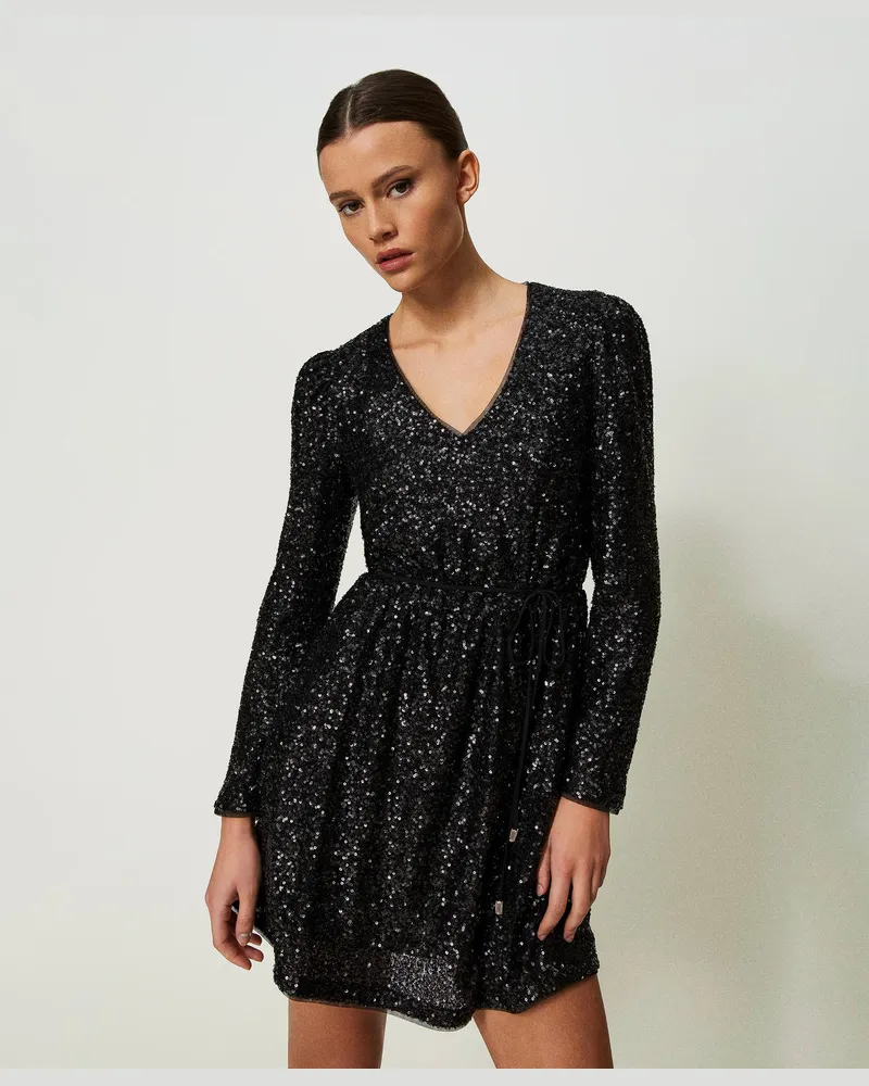 Twin-Set Kleider - Minikleid mit Alloverpailletten, Schwarz, Paillettes, Größe Schwarz