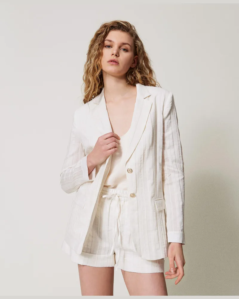 Twin-Set Jacken und Outerwear - Blazer aus Leinenmischung mit Streifenmuster, Weiß Schnee, Baumwolle, Größe Weiß