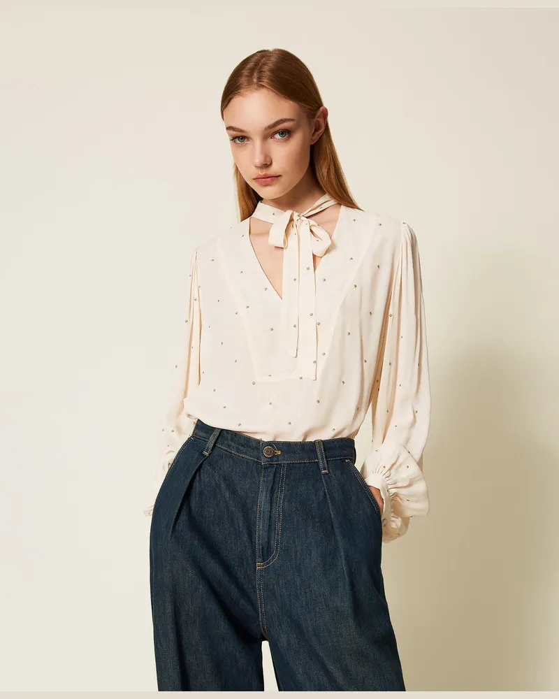 Twin-Set Blusen - Bluse mit Lurex-Stickerei, "Parchment"-Beige, Mit Tupfen, Größe Parchment-beige