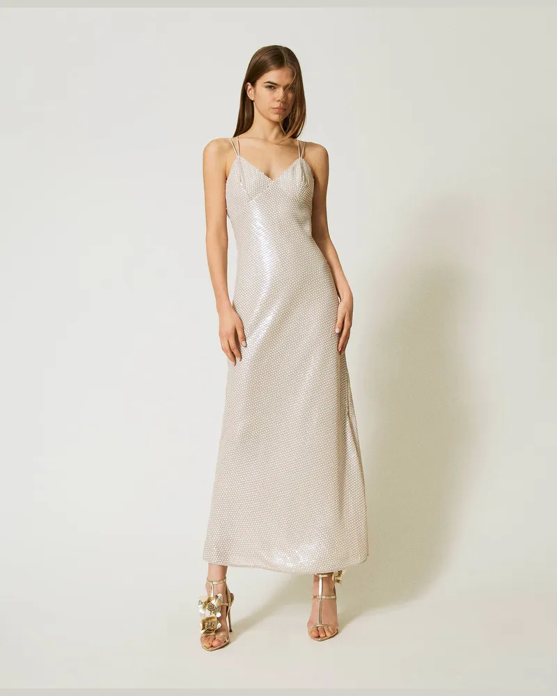 Twin-Set Kleider - Maxikleid mit aufgestickten Pailletten, Paillettenstickerei "Rope"-Beige, Paillettes, Größe Paillettenstickerei