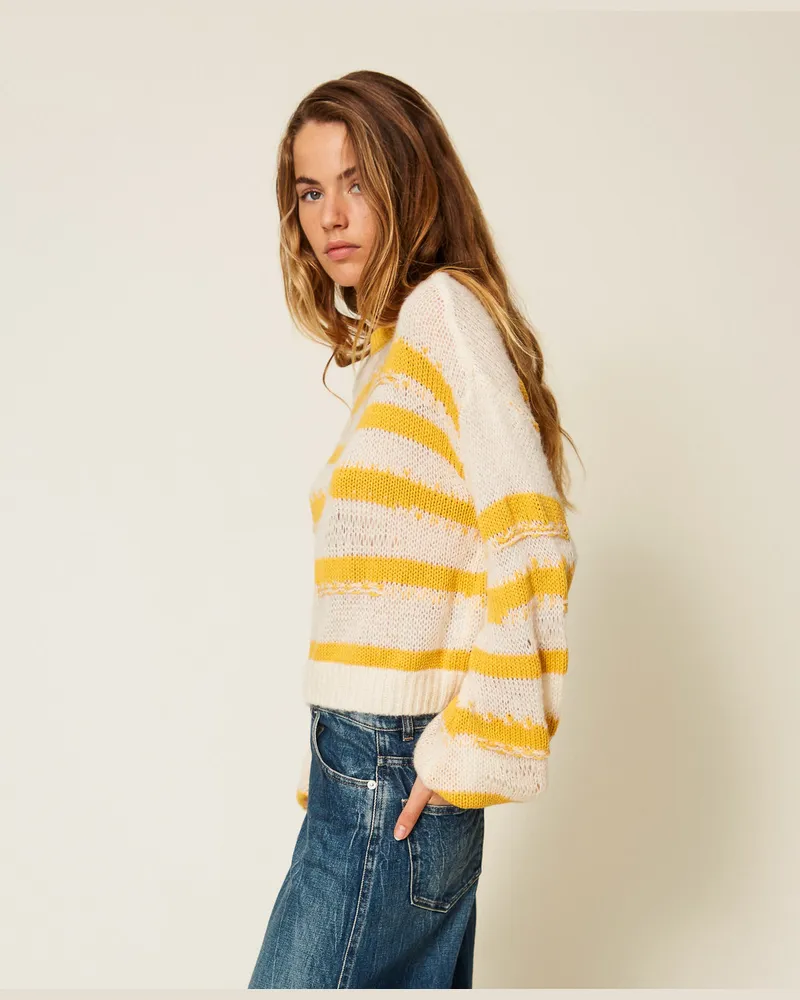 Actitude by Twinset Gestreifter Pullover, Zweifarbig Mango Fruit / Schneeweiß, Größe Zweifarbig