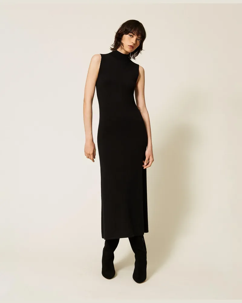 Twin-Set Maxi-Strickkleid mit Häkeldetails, Damen, Schwarz Schwarz