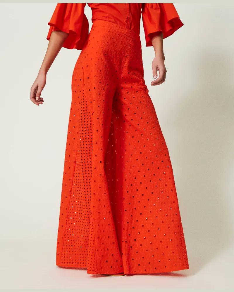 Actitude by Twinset Hosen - Palazzohose mit Lochstickereien, „Scarlet Ibis"-Rot, Baumwolle, Größe „scarlet