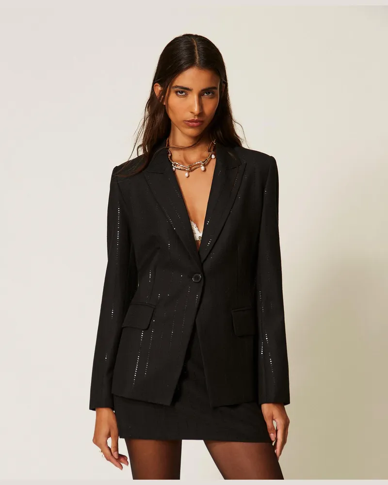 Twin-Set Blazer mit Nadelstreifen aus farblich abgestimmten Pailletten, Damen, Schwarz Schwarz