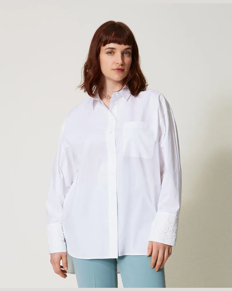 Twin-Set Hemden - Oversized Popelinehemd mit Spitze, Weiß, Größe Weiß