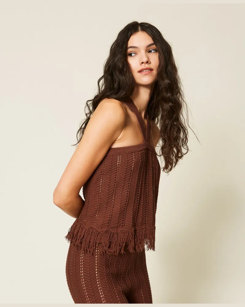 Actitude by Twinset Tops - Stricktop mit Fransen, Chocolate Lab, Baumwolle, Größe Chocolate