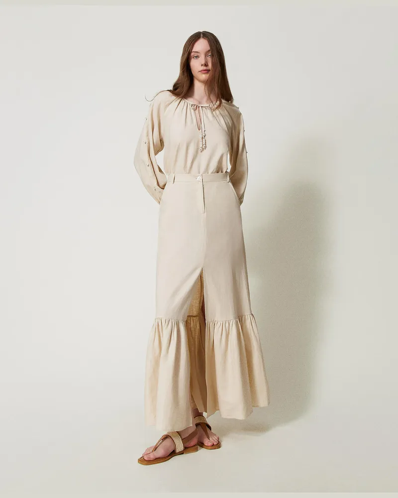 Twin-Set Bademode - Maxirock aus Leinenmischung, Almond Beige, Größe: L 