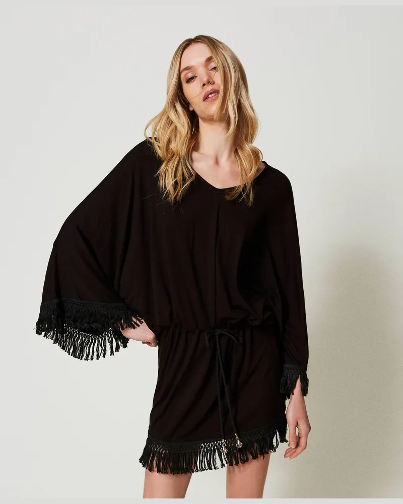 Twin-Set Bademode - Kaftan mit Fransen, Schwarz, Größe: L 