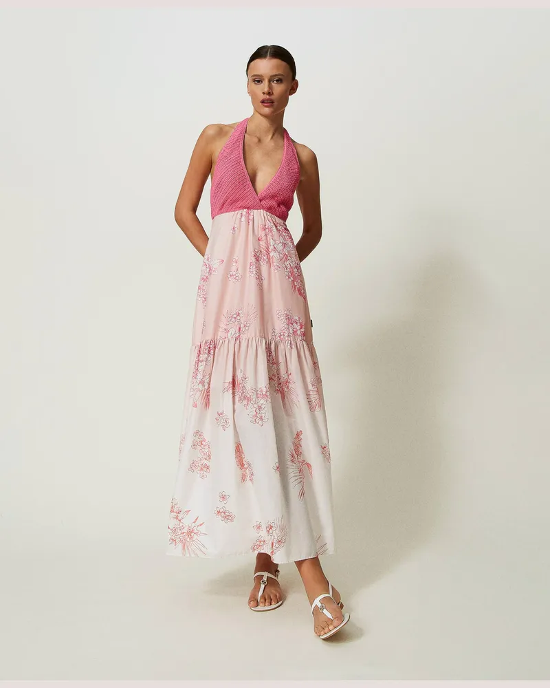 Actitude by Twinset Kleider - MYFO Maxikleid aus Musselin und Häkelarbeit, Print Peach Nectar & Shaded Flower, Mit Blumen, Größe Print