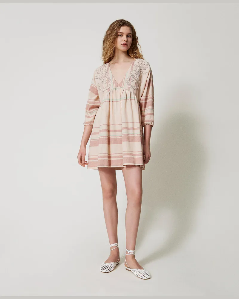 Twin-Set Bademode - Kurzer Kaftan aus Leinenmischung mit Stickereien, Streifen Almond Beige / Green Marine / Amber Brown, Gestreift, Größe: L 
