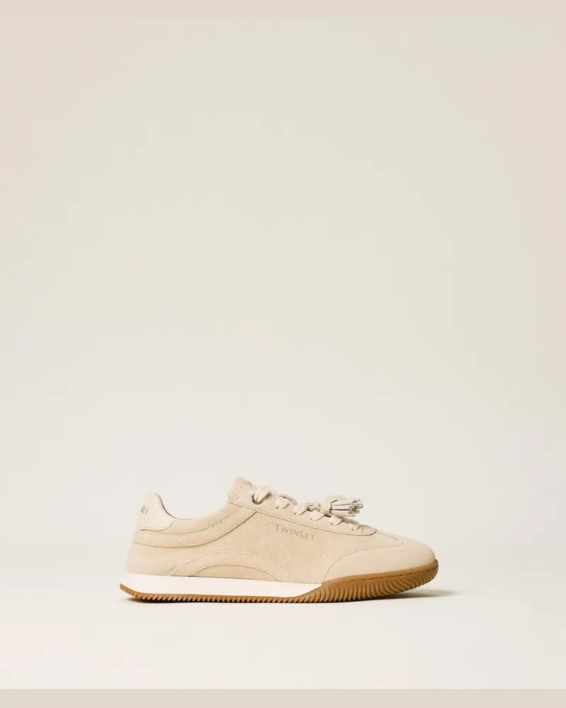 Twin-Set Sneaker aus Veloursleder mit Quasten, Damen, Weiß Vanille Weiß