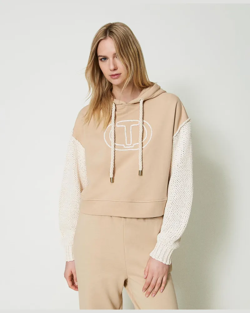 Twin-Set Sweatshirts und -jacken - Sweatshirt mit Strickärmeln, Zweifarbig „Almond Milk"-Beige / Elfenbein, Baumwolle, Größe: X/2XL 