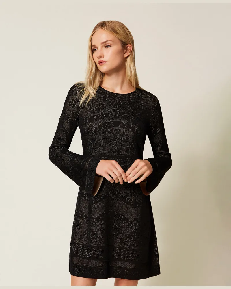 Twin-Set Kleider - Kurzes Strickkleid mit Durchbruchmuster, Schwarz, Größe Schwarz
