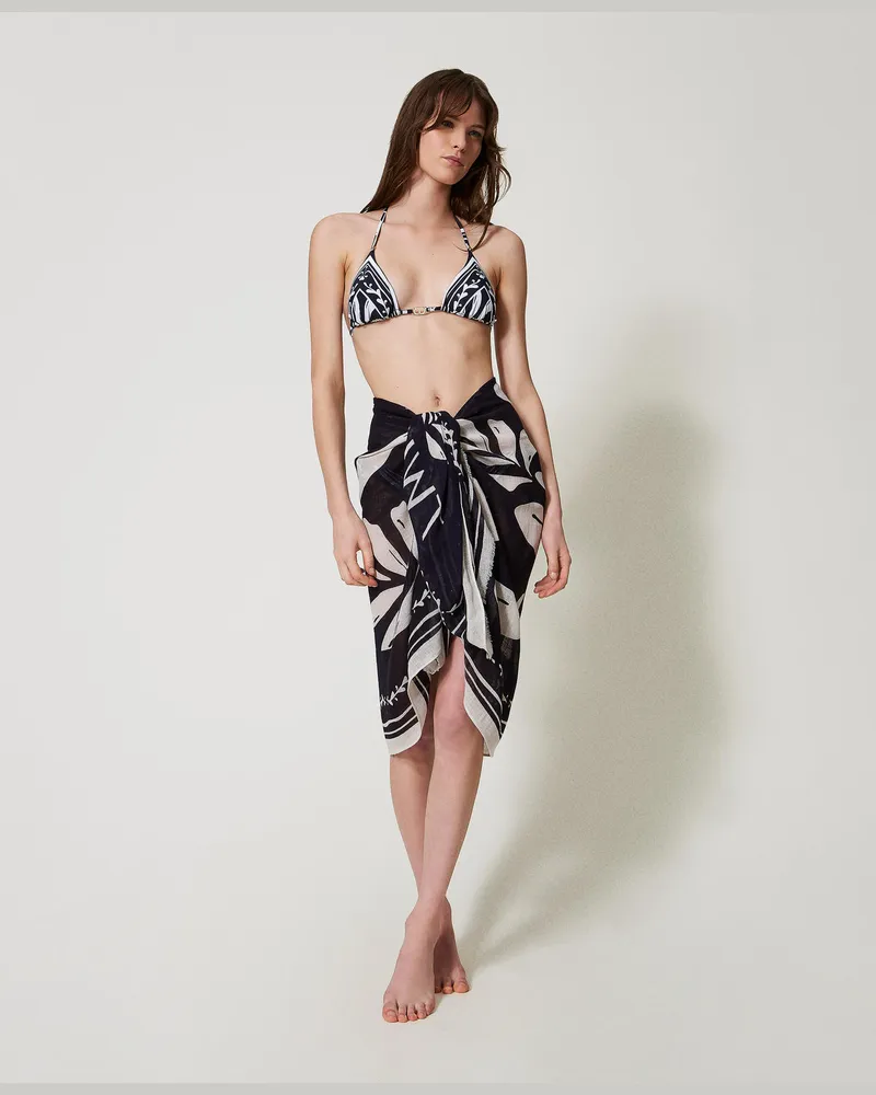 Twin-Set Bademode - Pareo aus Leinenmischung mit Print, Foulard-Print Classic Blue / Sugar, Baumwolle, Einheitsgröße 