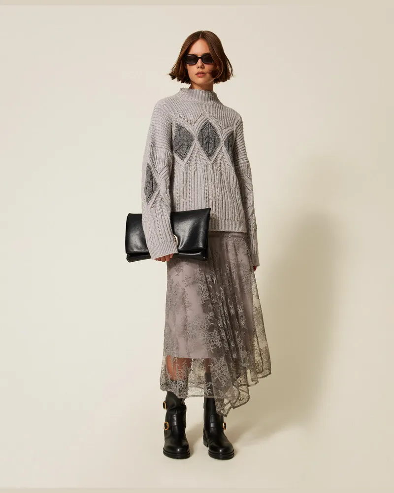 Twin-Set Pullover aus Wollmischung mit Intarsien, Zweifarbig Hellgrau-Melange / Mittelgrau-Melange Lurex, Wolle, Größe: XXL 