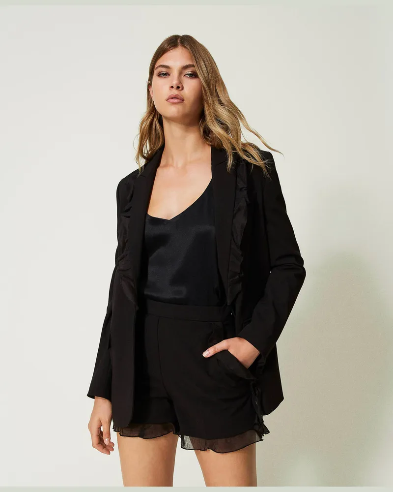 Twin-Set Hosen - Shorts mit Organzavolants, Schwarz, Größe Schwarz