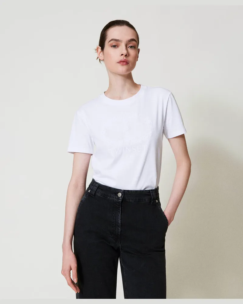 Twin-Set T-Shirts - T-Shirt mit aufgesticktem Oval T, Weiß, Baumwolle, Größe: XXS 