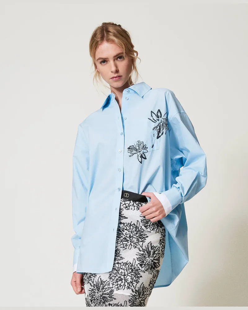 Twin-Set Hemden - Hemd mit Paillettenstickerei, „Airy Blue"-Azur, Baumwolle, Größe „airy