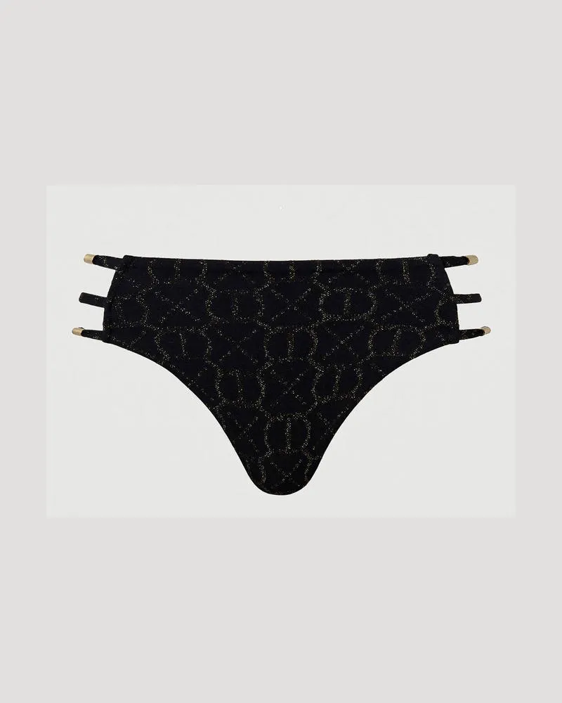 Twin-Set Bademode - Brazilian-Bikinihose aus Jacquard mit Oval T-Logo, Jacquard Schwarz / Light Gold, Größe: I 
