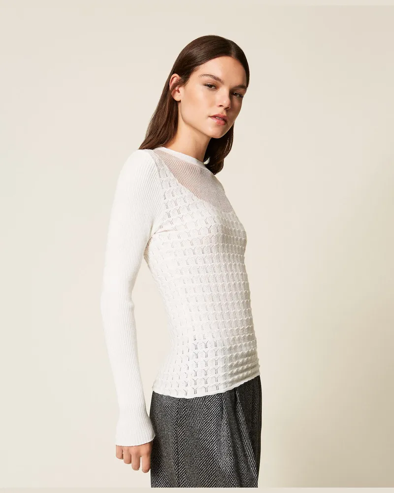 Actitude by Twinset Figurbetonter Pullover mit See-Through-Passe, Weiß Schnee, Größe Weiß