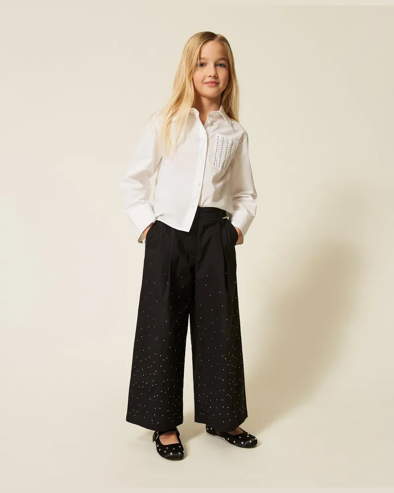 Twin-Set Hosen - Cropped-Hose aus Popeline mit Nieten, Schwarz, Größe Schwarz