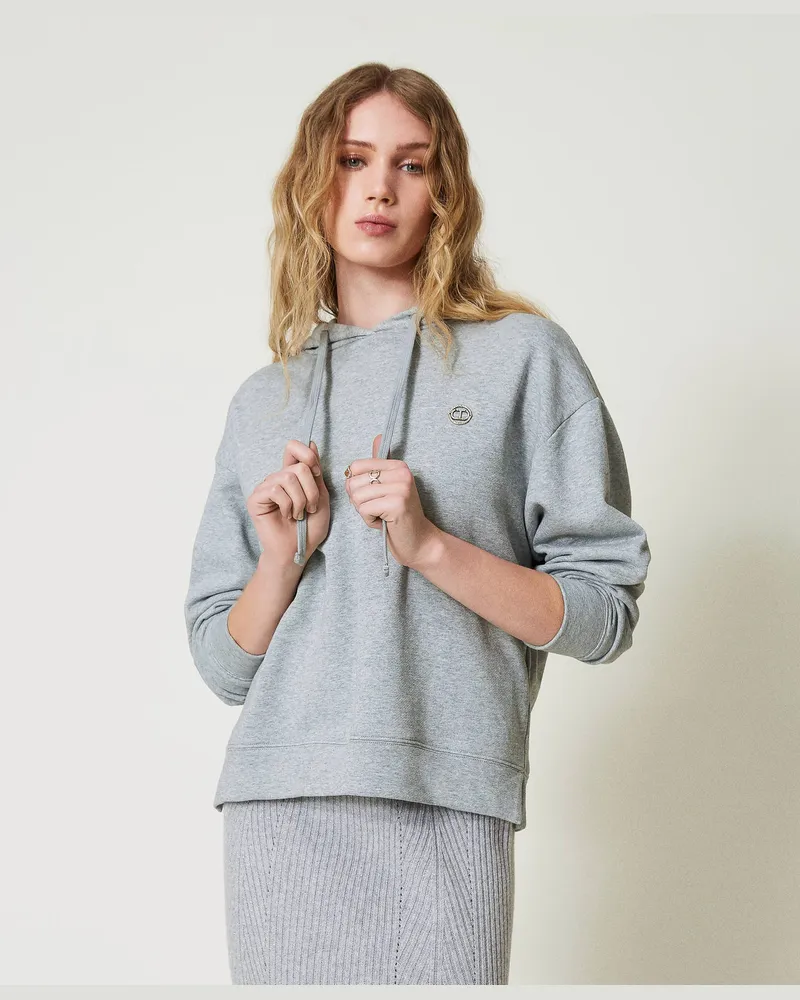 Twin-Set Sweatshirts und -jacken - Oversized Sweatshirt mit „Oval T"-Charm, Durchschnittgrau-Mélange, Baumwolle, Größe: XXS 