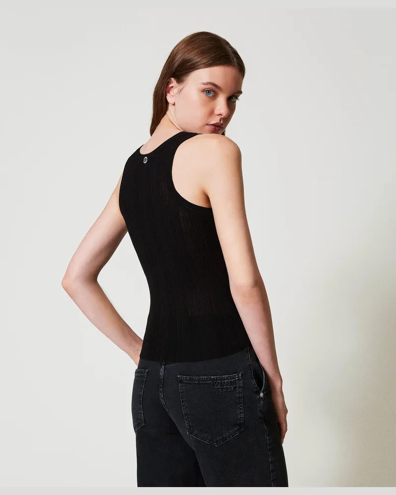 Actitude by Twinset Tops - Figurbetontes Stricktop mit Rippenmuster, Schwarz, Größe: S 