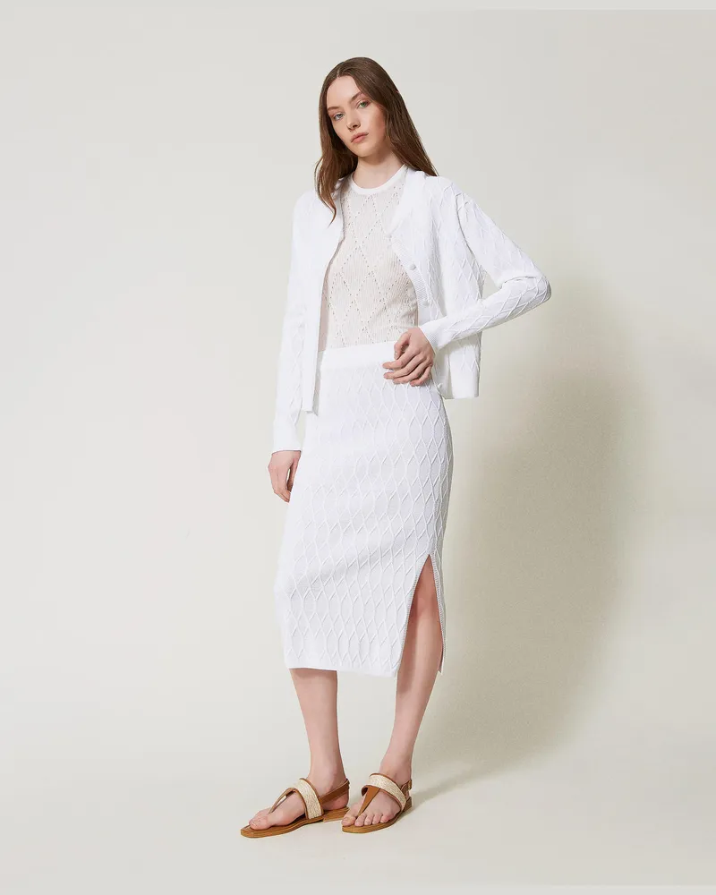 Twin-Set Röcke - Midi-Strickrock mit Rautenmuster, White Cloud, Größe White