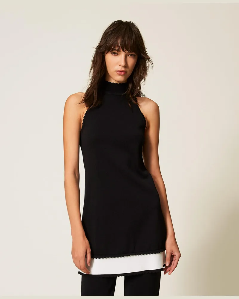 Twin-Set Kleider - Zweifarbiges kurzes Strickkleid, Zweifarbig Schwarz / Schneeweiß, Größe Zweifarbig