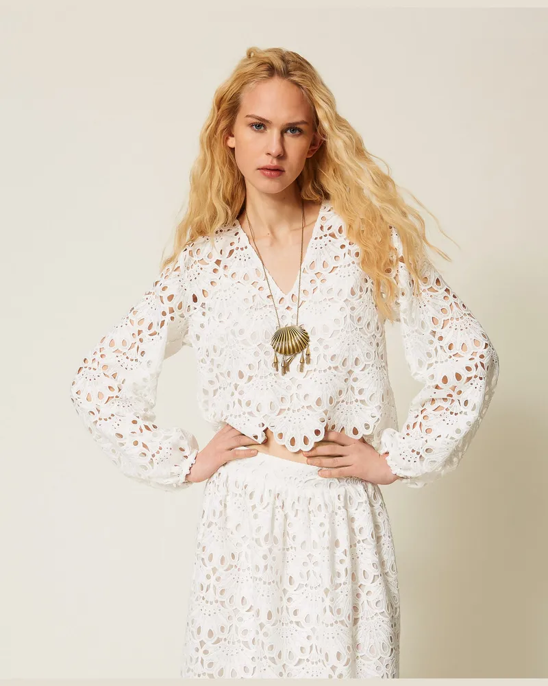 Twin-Set Blusen - Bluse aus Makramee mit Festonkanten, Mattweiß, Spitze, Größe Mattweiß