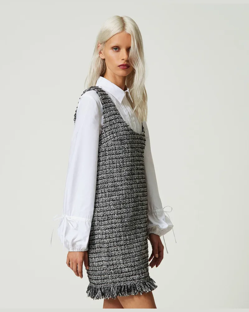 Actitude by Twinset Kleider - Kurzes Bouclékleid mit Popelinehemd, Hopsack Schwarz, Baumwolle, Größe Hopsack