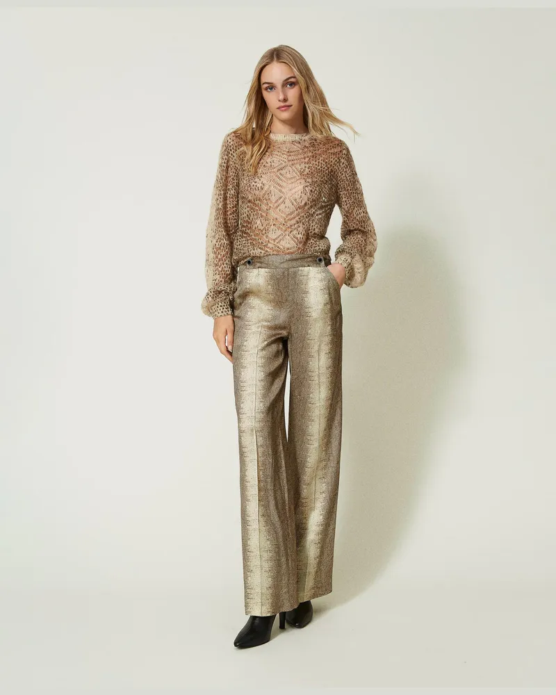 Twin-Set Hosen - Wide-Leg-Hose aus Satin mit Eidechsenprint, Lizardprint, Animal, Größe Lizardprint