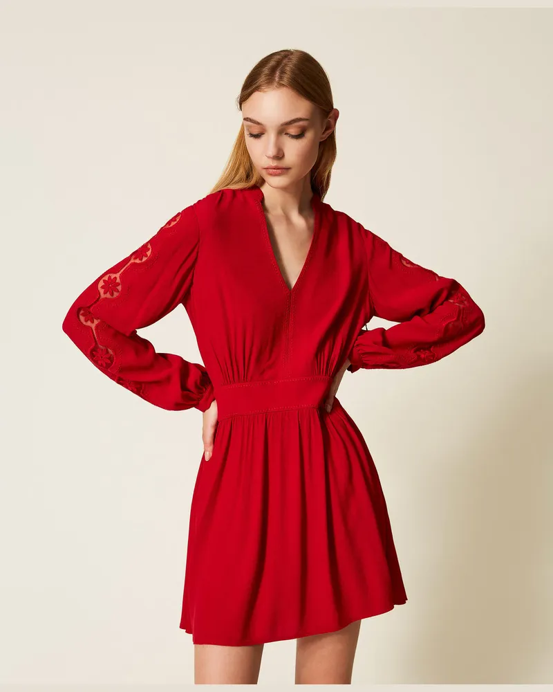 Twin-Set Kleider - Kurzes Kleid aus Krepp mit Stickerei, Venedigrot, Größe Venedigrot