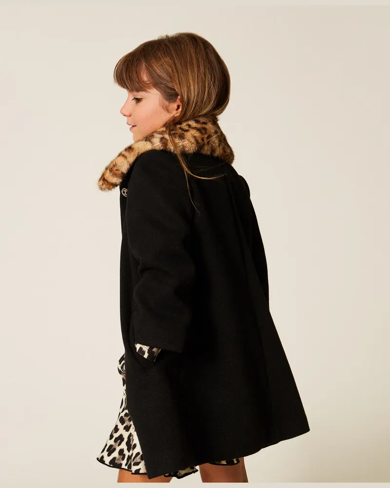 Twin-Set Jacken und Outerwear - Mädchenmantel aus Tuch mit Animal-Kragen, Schwarz, Größe Schwarz