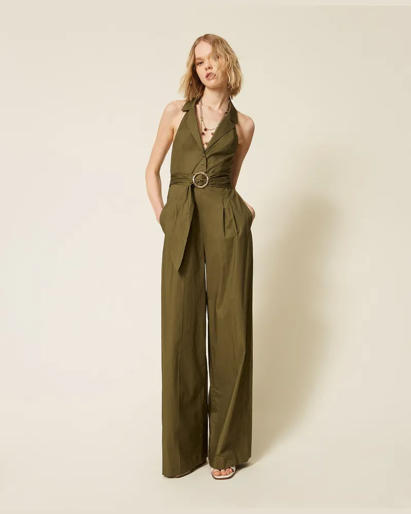 Twin-Set Langer Jumpsuit aus Popeline Alpengrün