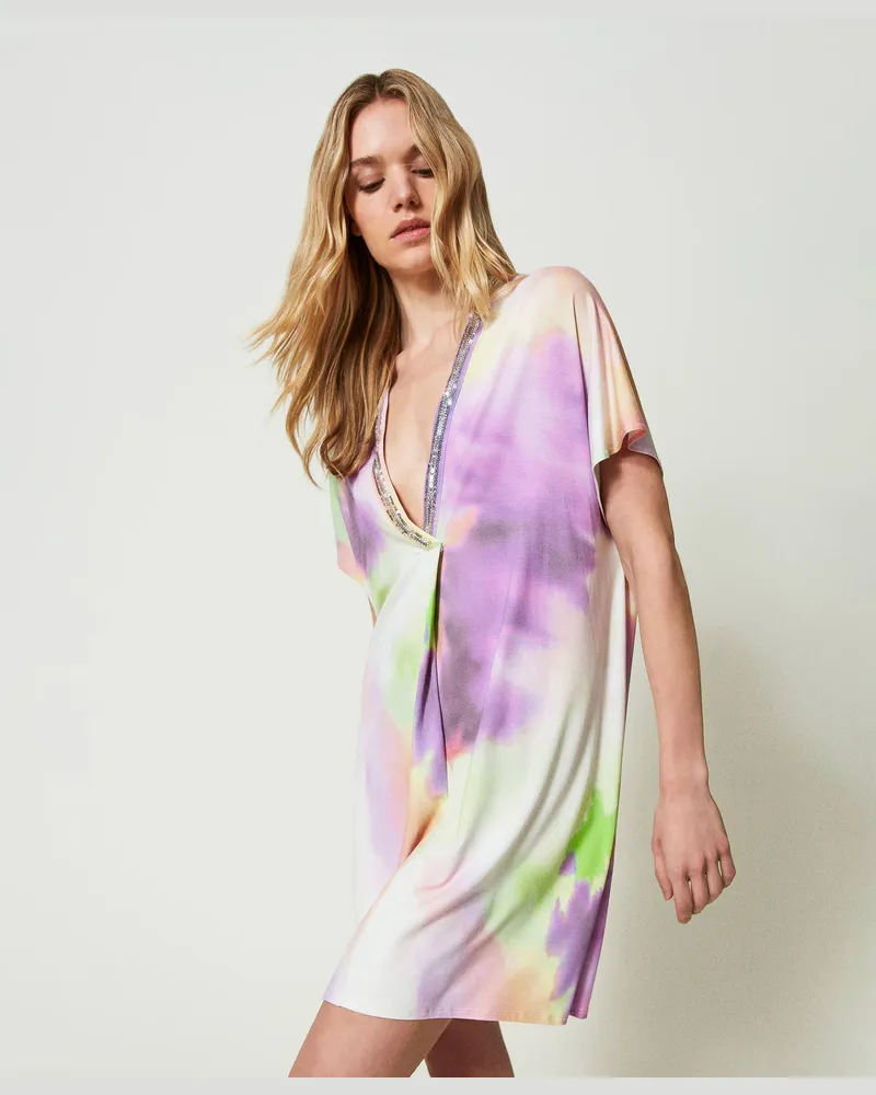 Twin-Set Bademode - Kaftan mit Tie-Dye-Print und Pailletten, Print Tie-Dye Multicolor Lime, Paillettes, Größe: M 