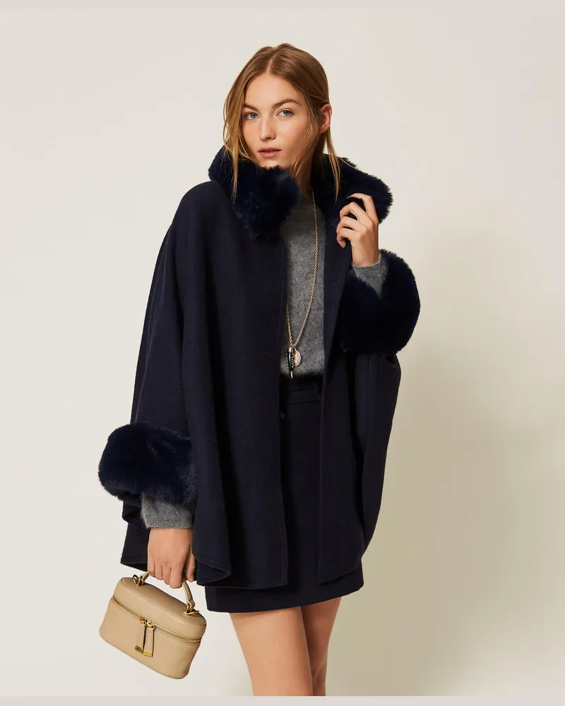 Twin-Set Poncho aus Tuch mit Kunstpelz Klassisches