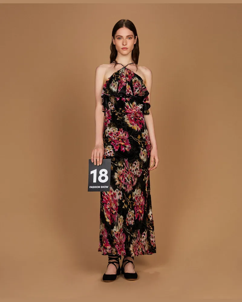 Twin-Set Samtkleid aus Seidenmischung mit floralem Dessin, Damen, Blumenprint Schwarz / Magenta Blumenprint