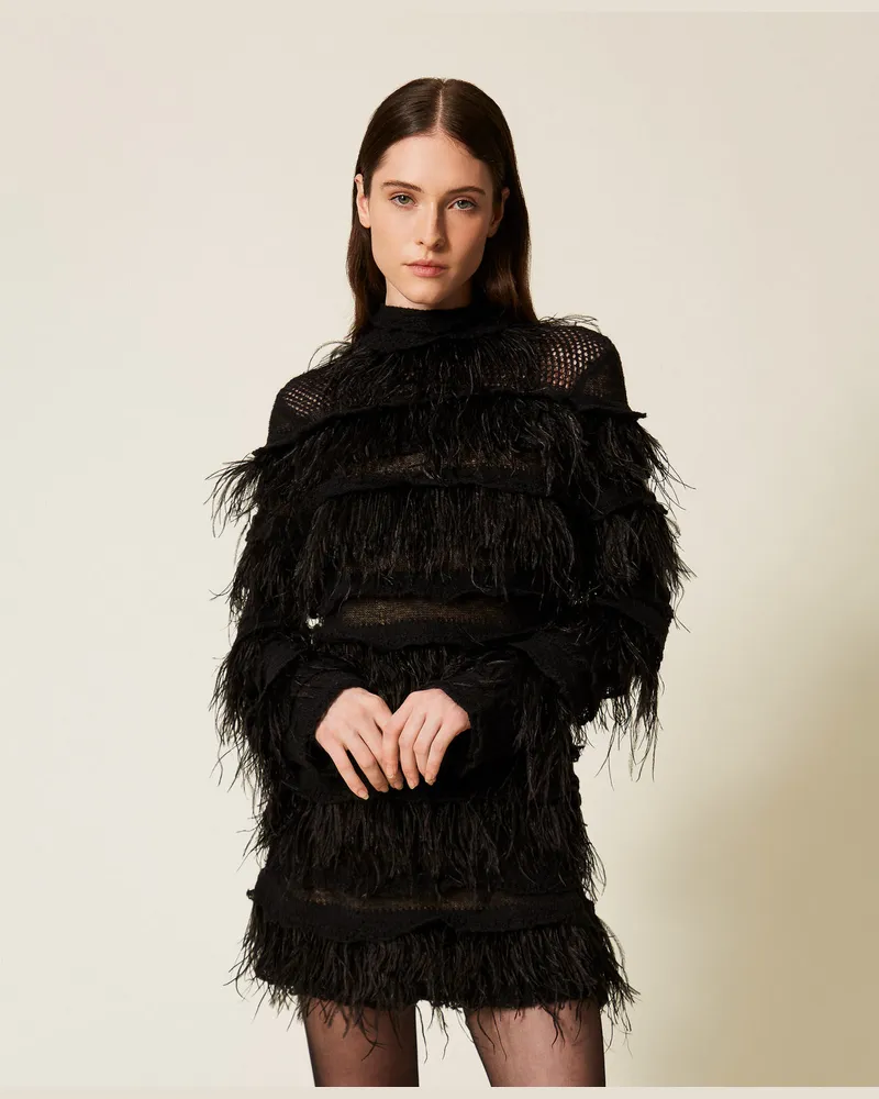 Twin-Set Kleider - Kurzes Strickkleid mit Federn, Schwarz, Größe Schwarz