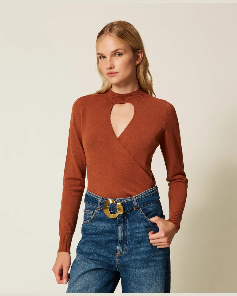 Twin-Set Pullover mit Cut-outs und Überkreuzung, Dunkles Rostbraun, Größe Dunkles